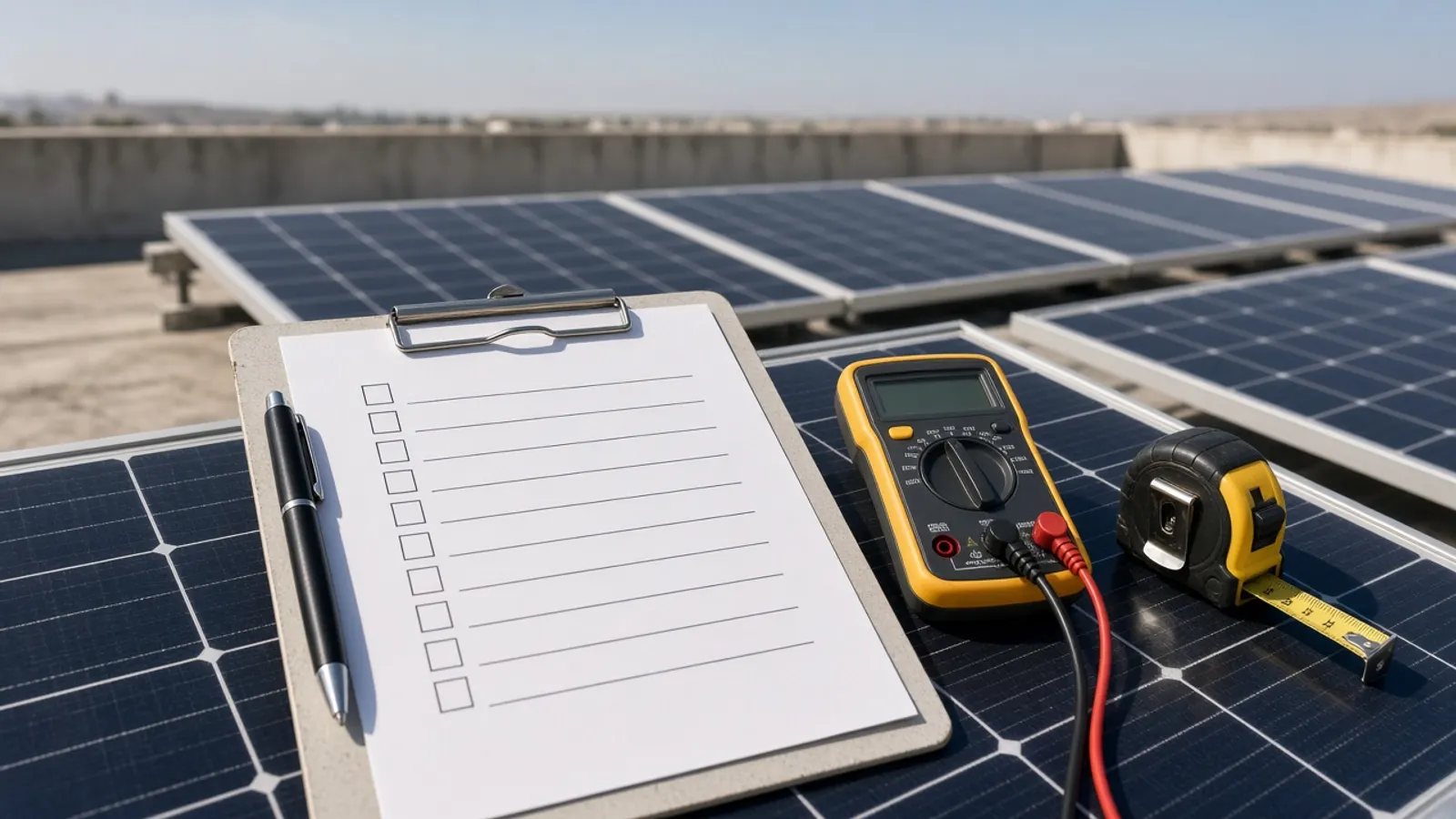 Clipboard checklist resting on a solar panel frame on a sunny Vadodara rooftop