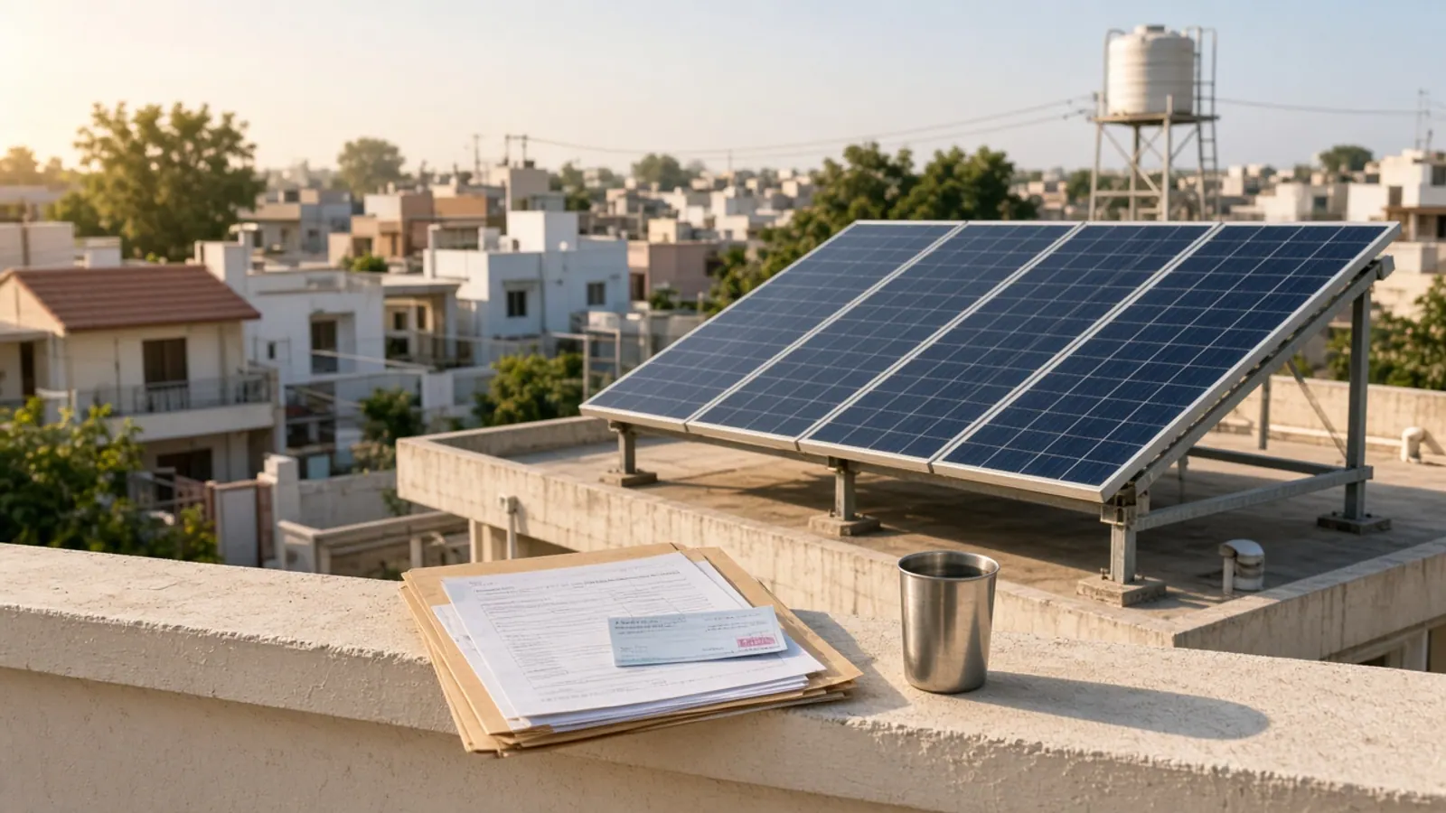 Four solar panels on a Gujarat terrace with a folder of subsidy papers and a chai tumbler on the parapet