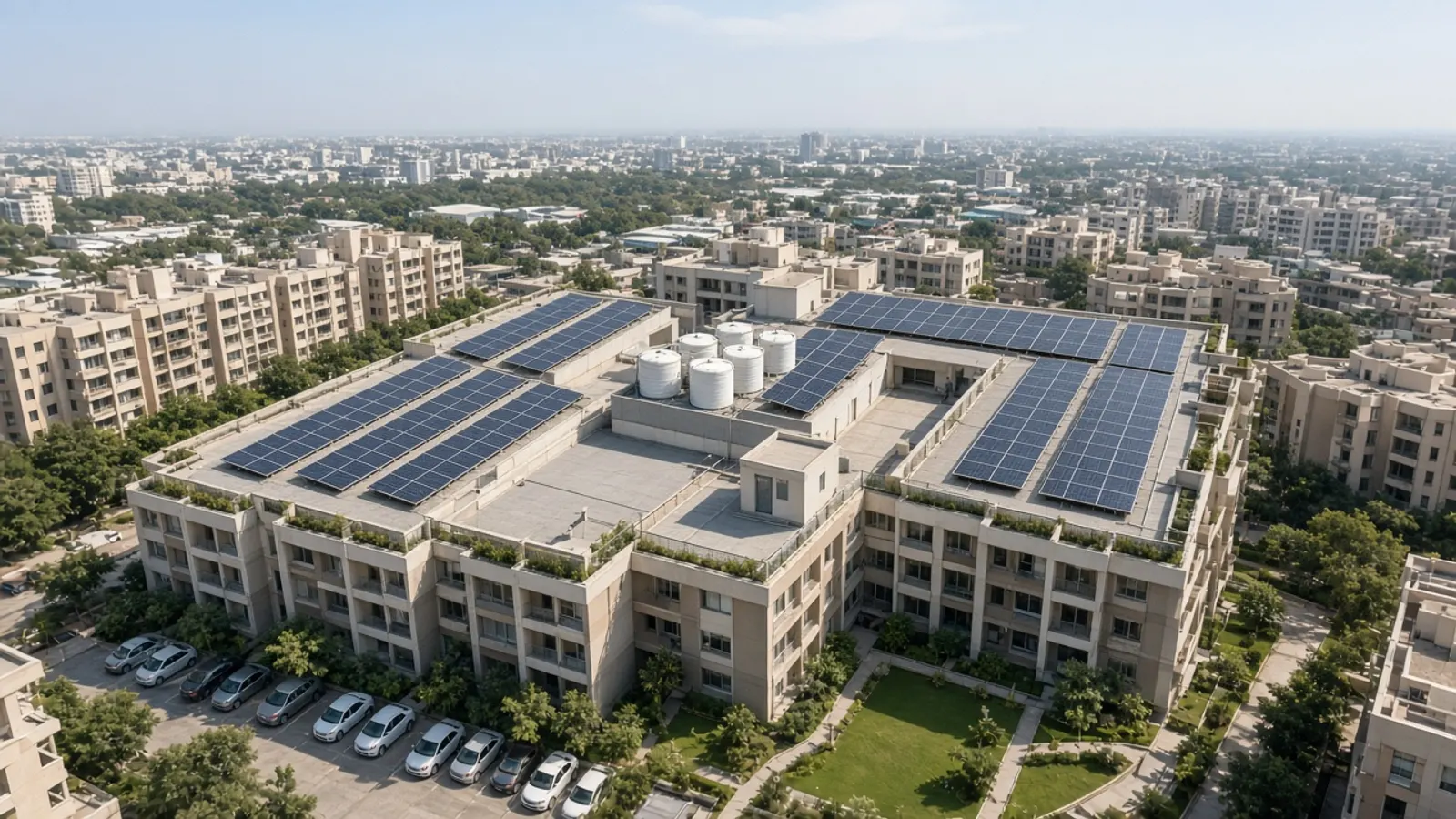 Solar panels on the terrace of a mid-rise apartment society in Vadodara with water tanks and lift room