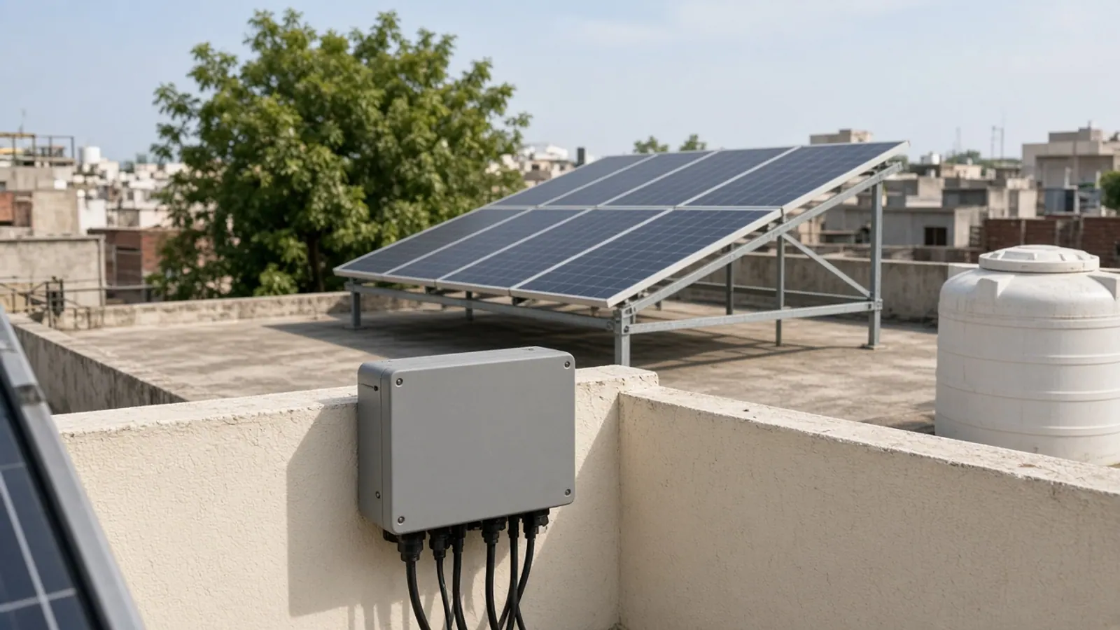 Grey inverter box on a cream rooftop parapet with solar panels on a galvanised frame and a water tank behind