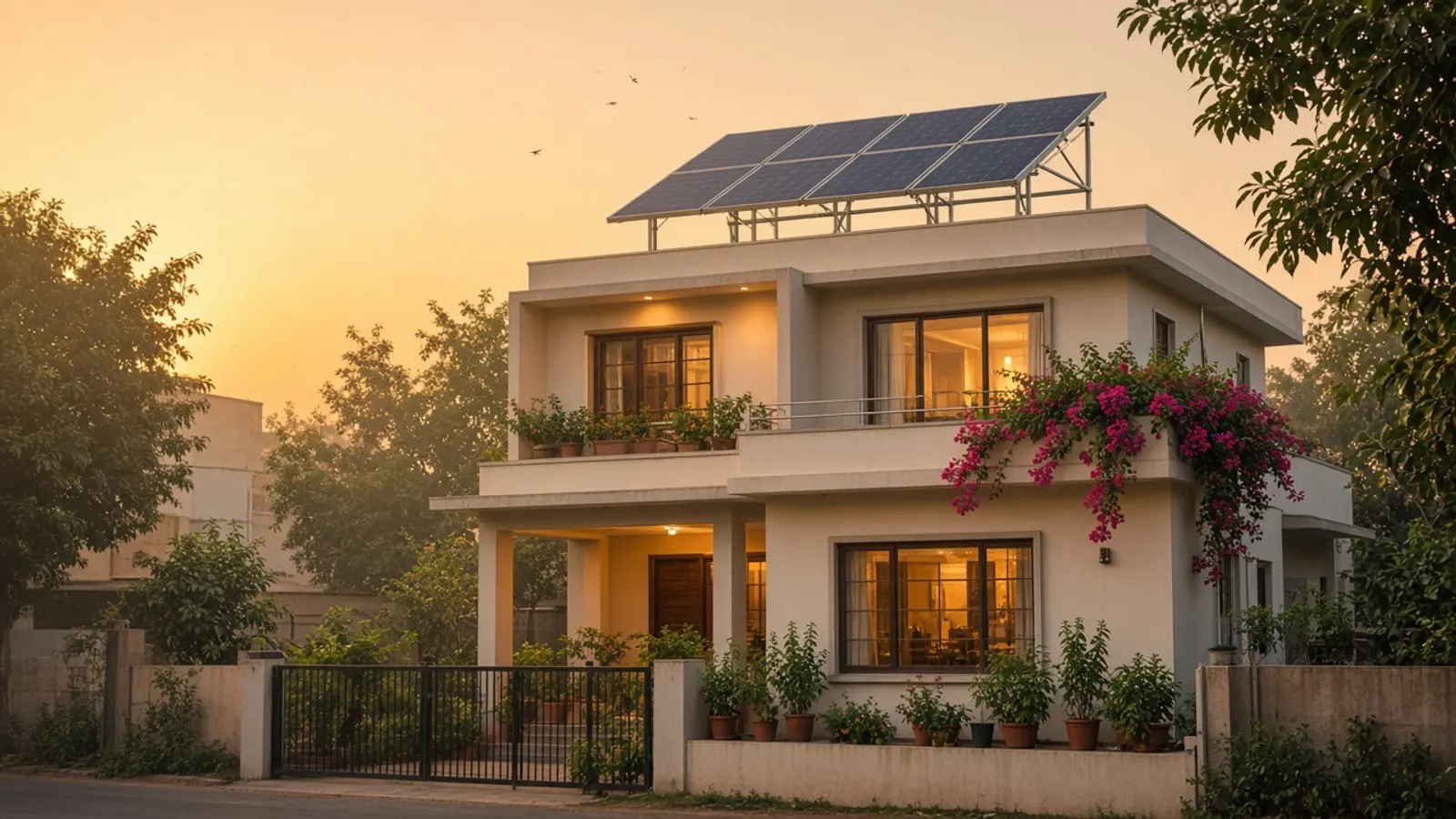 Evening view of a Vadodara bungalow terrace with rooftop solar panels and warm lights on inside the home