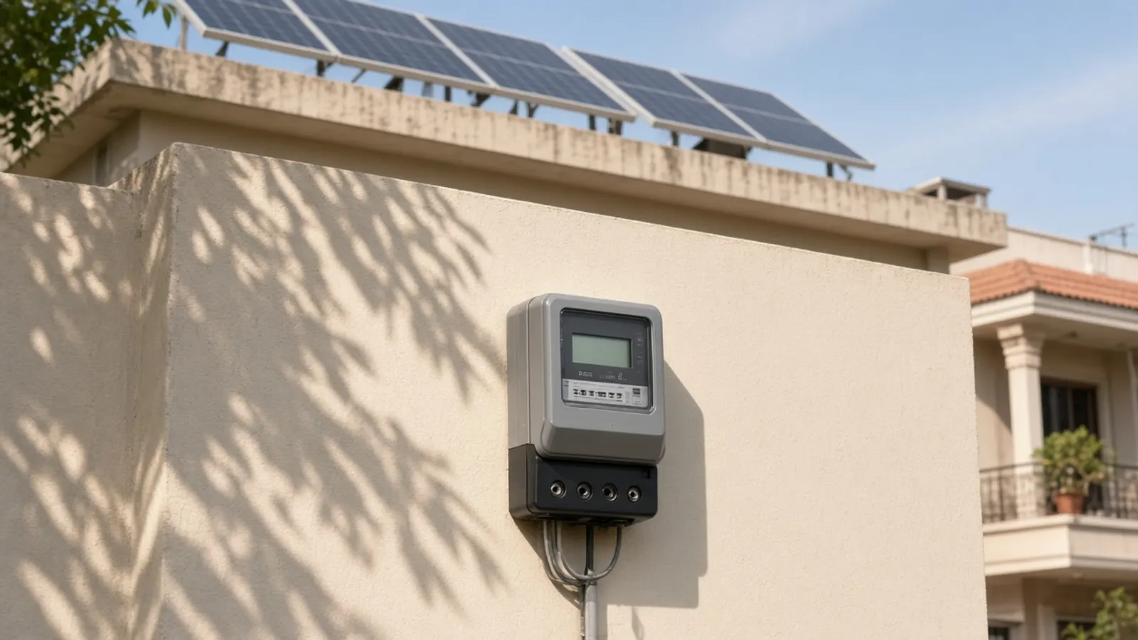 Bidirectional electricity meter on the wall of a Vadodara home with rooftop solar panels visible above