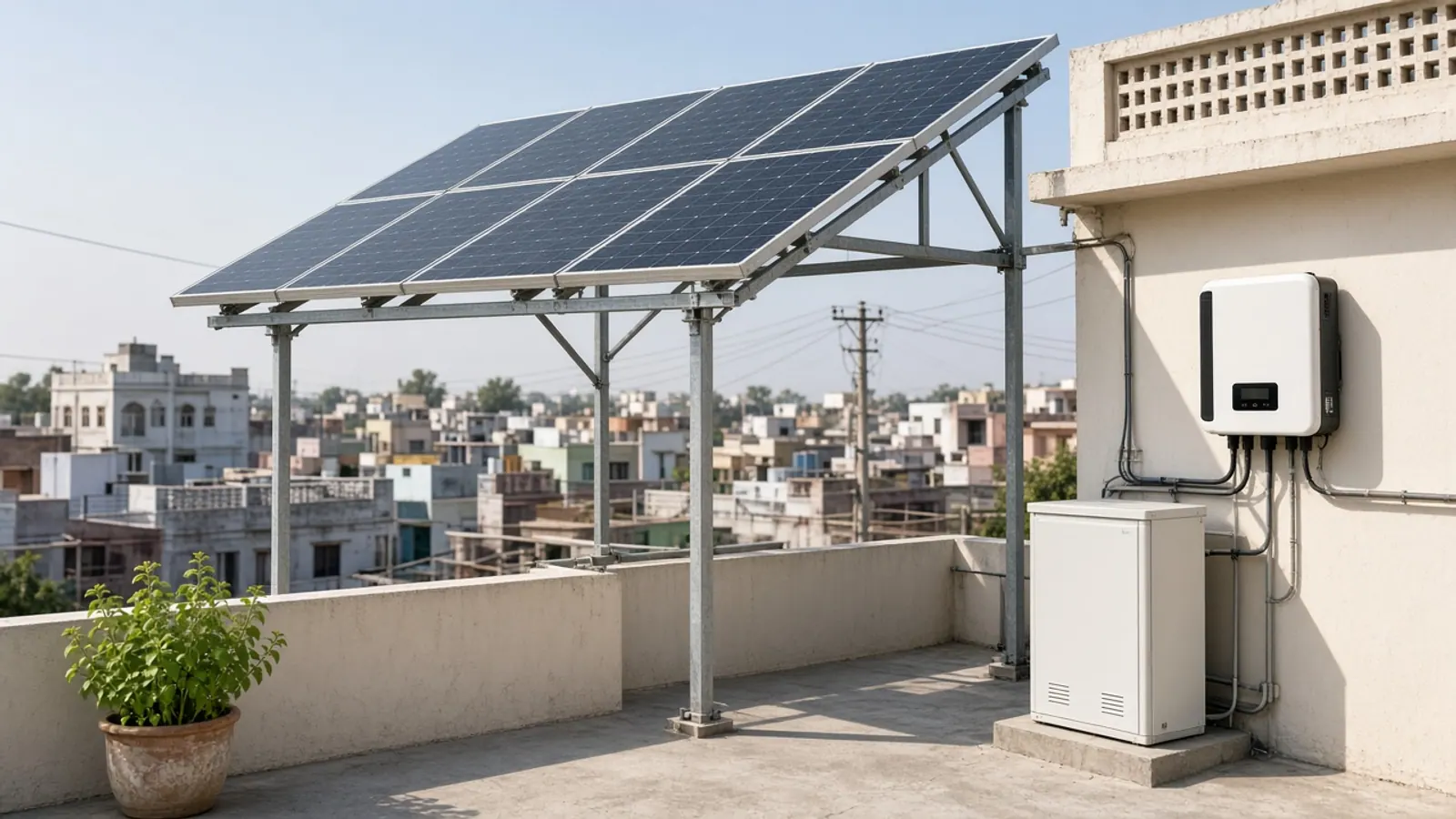 Rooftop solar panels on an Indian terrace beside a wall-mounted inverter and home battery cabinet, with the neighbourhood grid in the distance
