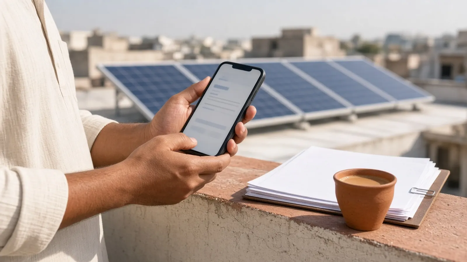 Gujarati homeowner's hands holding a phone near rooftop solar panels, representing the online subsidy application