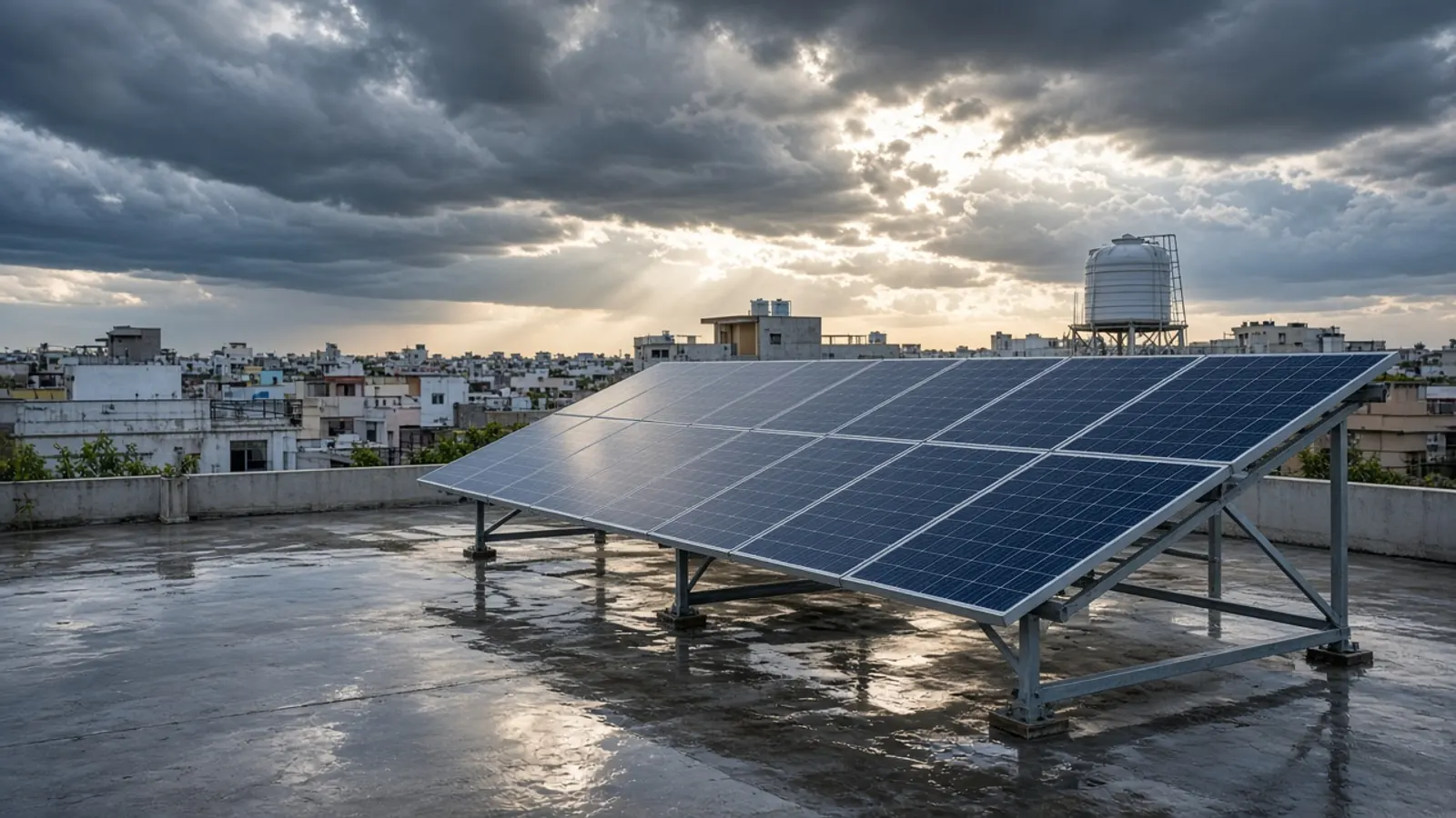 Rooftop solar panels on a Gujarat terrace under a cloudy monsoon sky with light breaking through