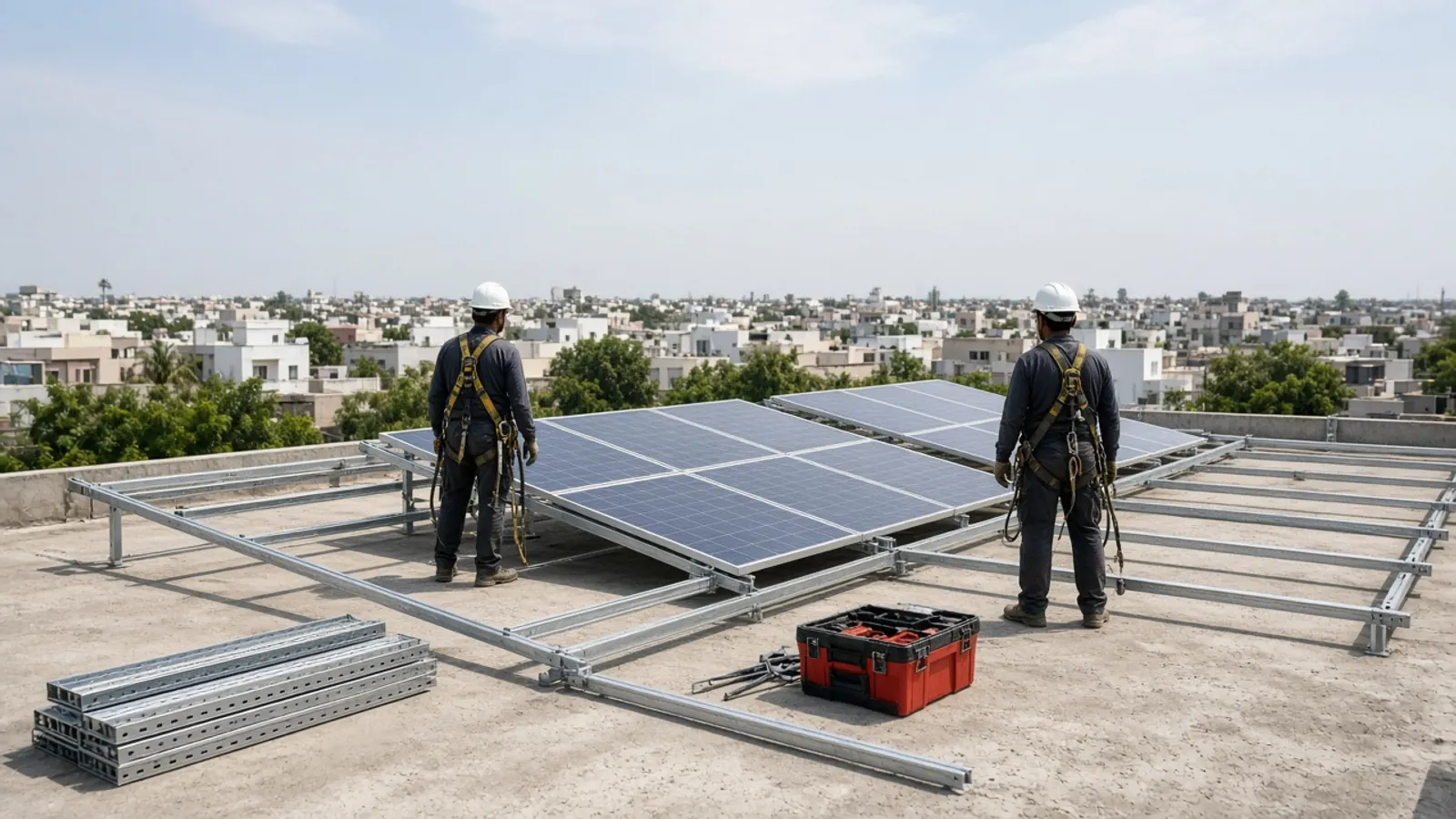 Installer team fixing solar panels onto a galvanised structure on a Vadodara rooftop