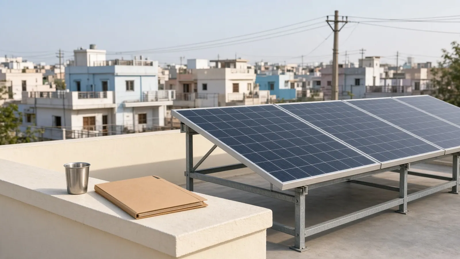 Rooftop solar panels on a Gujarat terrace with a steel chai tumbler and folder on the parapet, morning light