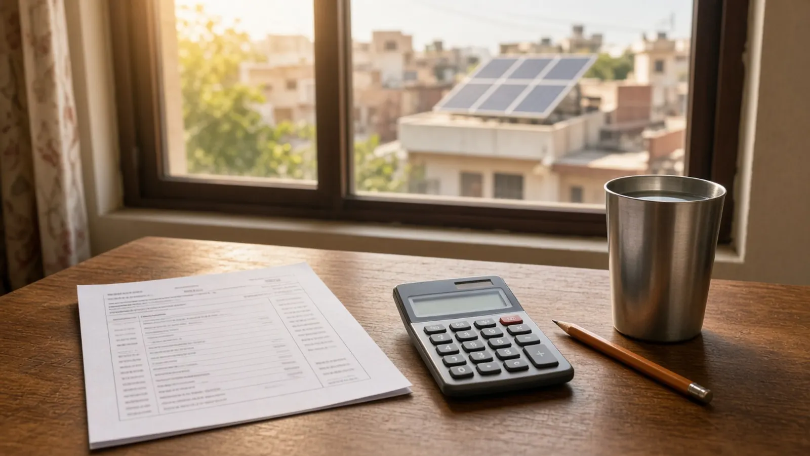 Electricity bill, calculator and pencil on a table with rooftop solar panels visible through a window